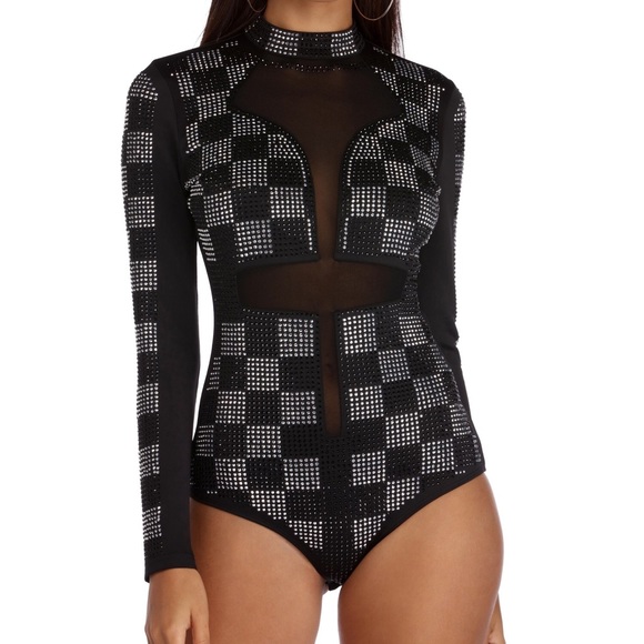 Windsor Tops - RHINESTONE CHECKERED BODY SUIT